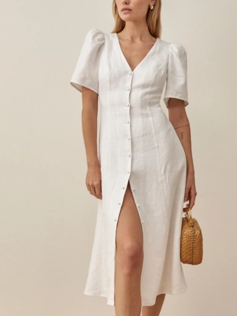 Reformation Newbury White Button-Front Midi Linen Dress with Puff Sleeves